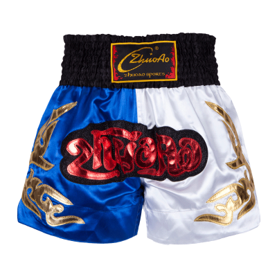 Classic Muay Thai Shorts Black Waist Blue and White