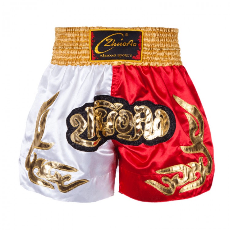 Classic Muay Thai Shorts Yellow Waist White and Red Classic Muay Thai Shorts Yellow Waist White and Red