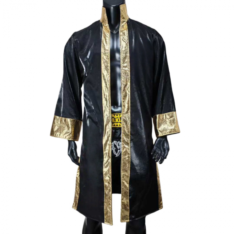New Boxing Wrestling Fight Entrance Robe Black & Gold Shiny Satin Kickboxing MMA Ring Outfit New Boxing Wrestling Fight Entrance Robe Black & Gold Shiny Satin Kickboxing MMA Ring Outfit