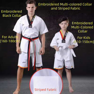 Embroidered Multi-colored Collar and Striped Fabric Taekwondo Uniform 