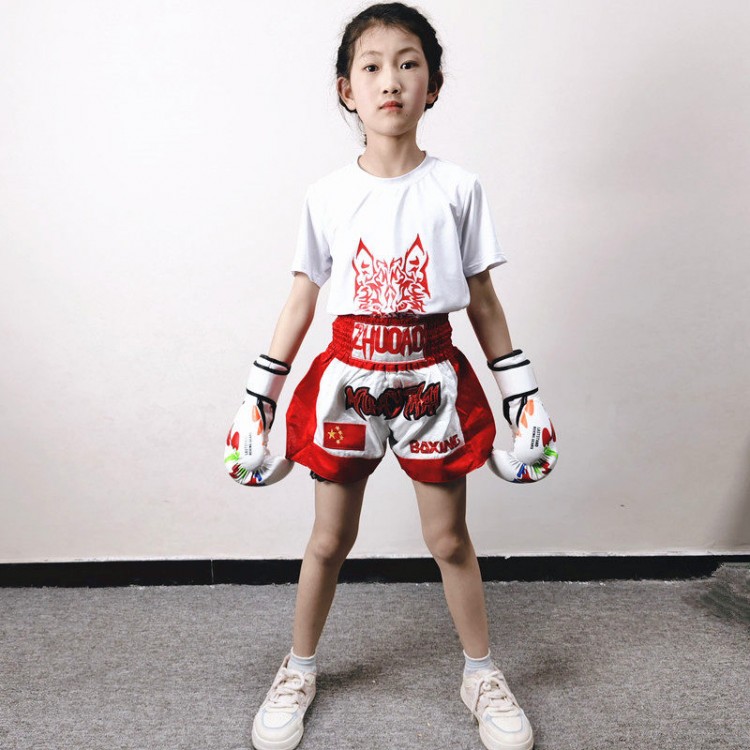 Red-and-white Muay Thai Shorts+Quick-dry White T-shirt printed with a red wolf head Red-and-white Muay Thai Shorts+Quick-dry White T-shirt printed with a red wolf head