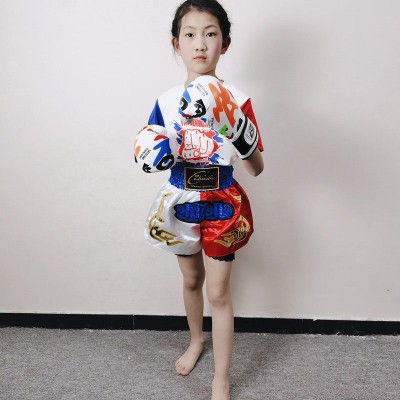 Blue-waist shorts + Mesh quick-dry red-blue-sleeve T-shirt printed with red-blue fists