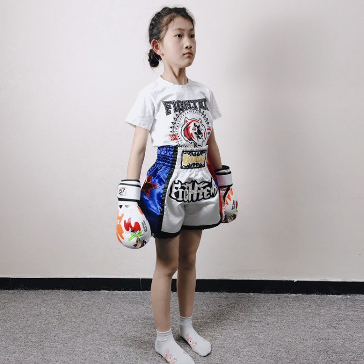 Blue&White Shorts+Quick-dry White T-shirt Printed with Tiger