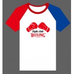 Short-sleeved T-shirt with red and blue sleeve prints and red boxing gloves design Short-sleeved T-shirt with red and blue sleeve prints and red boxing gloves design