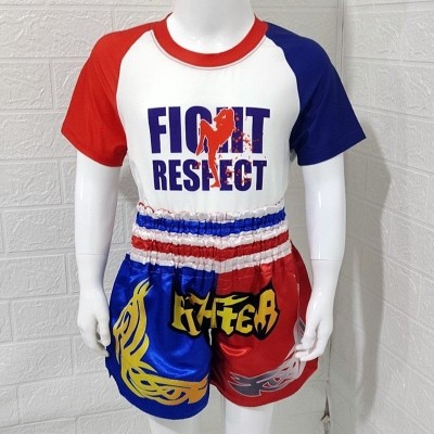 Heat-Transfer Red-Blue Paneled Muay Thai Shorts + Raglan Red-Blue Sleeve FIHT T-Shirt