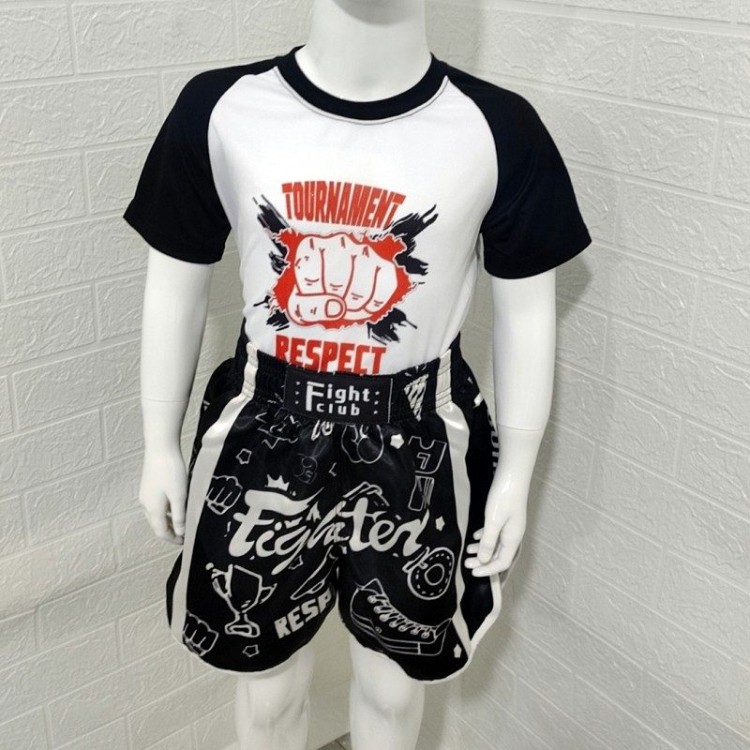 Black Muay Thai Shorts+Black raglan-sleeve boxing T-shirt with red accents