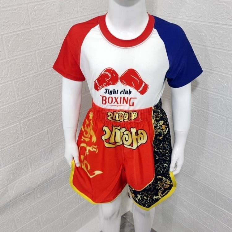 Muay Thai Shorts with heat-pressed red and golden dragon patterns+Red T-shirt with red and blue raglan sleeves and double boxing glove prints