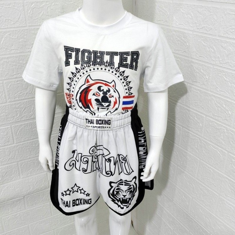 T-shirt with a white tiger head print+White muay thai shorts with a tiger head motif T-shirt with a white tiger head print+White muay thai shorts with a tiger head motif