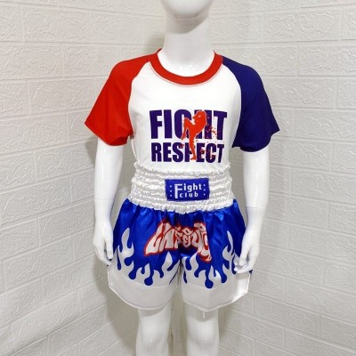 Blue and silver muay thai shorts+T-shirt with red and blue sleeves