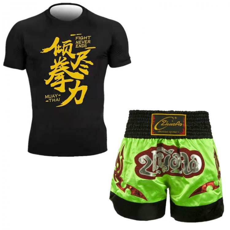 Bright green muay thai shorts with a short-sleeve T-shirt