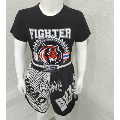White muay thai shorts with highlight details+T-shirt with a black tiger head print