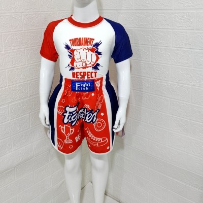  Red Muay Thai Pants + Red-and-Blue  Raglan-Sleeve  Fist-print T-shirt