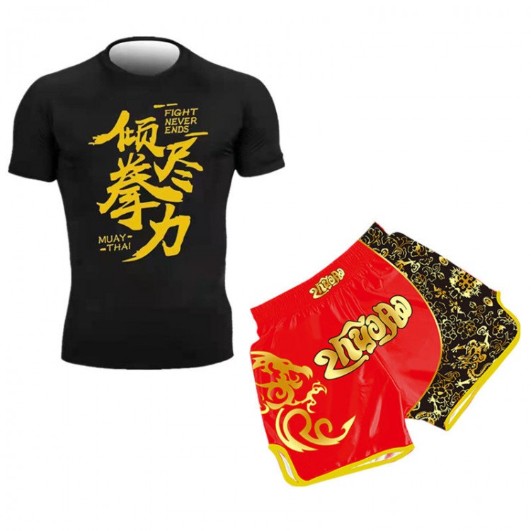 Muay thai shorts with hot-stamped red and golden dragons with a white T-shirt