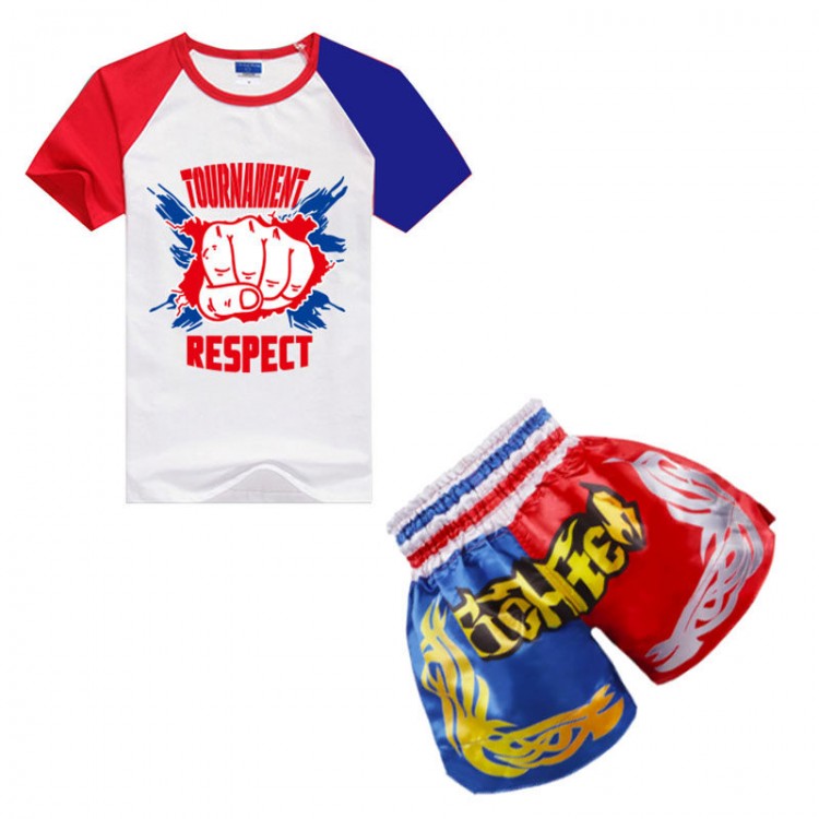  Hot-stamped Red-and-Blue Color-block Muay Thai Pants + Red-and-Blue Sleeved Fist-pattern T-shirt