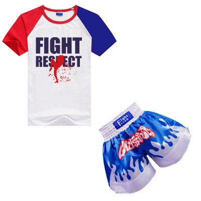 Indigo Silver Hot-stamped Muay Thai Pants + Red-blue Sleeve FIGHT T-shirt