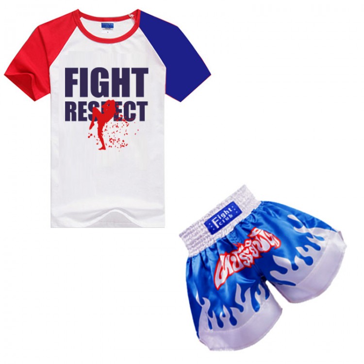 Indigo Silver Hot-stamped Muay Thai Pants + Red-blue Sleeve FIGHT T-shirt