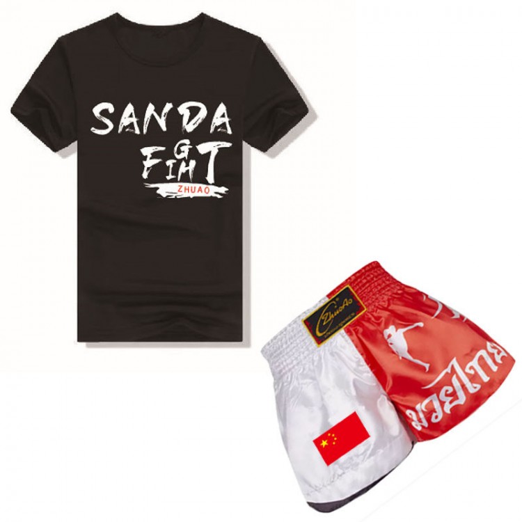 Kickboxing Pants with Red and White Hot Stamping & All-Cotton Black Sanda T-shirt