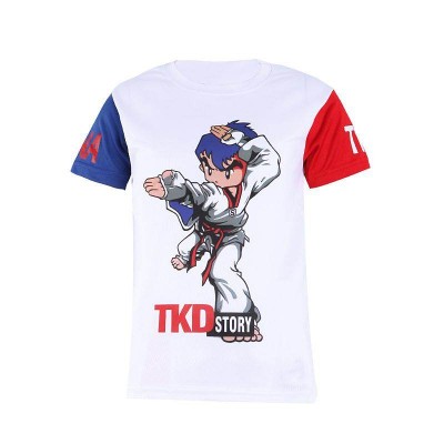 Quick-drying T-shirt with red and blue sleeves and a small figure print