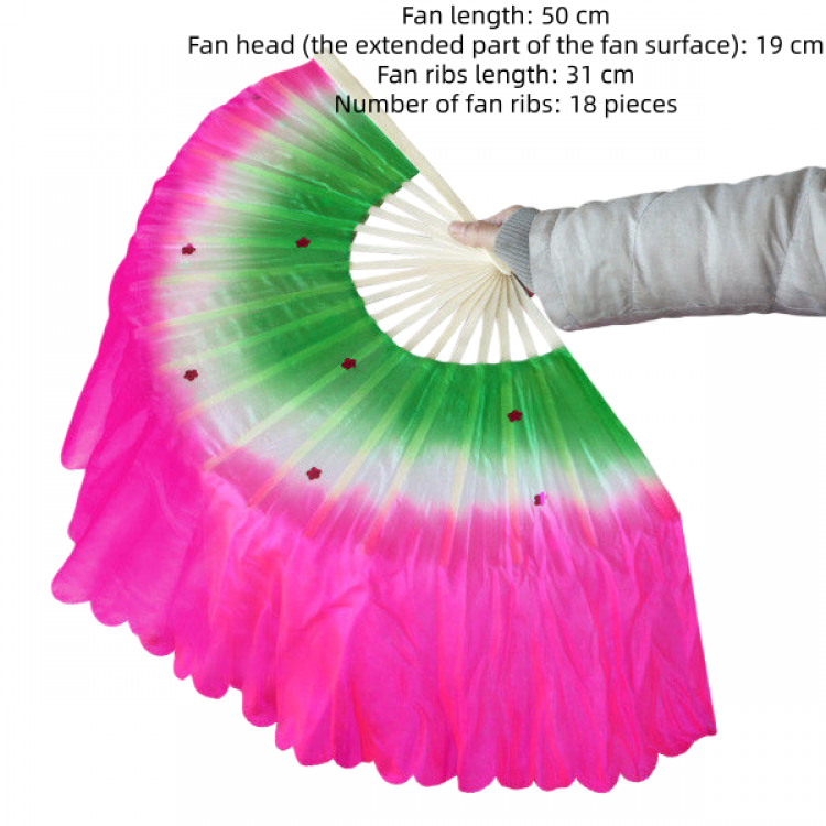 Three-color gradient fan (green-white-pink, left and right hands)