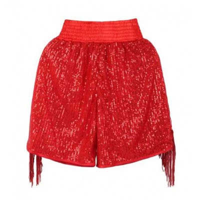 Red Sequin Boxing Shorts with Fringe - Sparkle MMA/Kickboxing Trunks | Premium Performance Fight Gear for Competition & Entrance