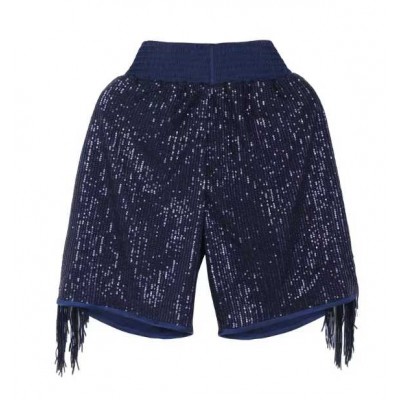 Navy Blue Sequin Boxing Shorts with Fringe 