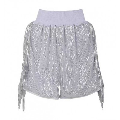 Silver Sequin Boxing Shorts with Fringe