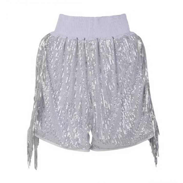 Silver Sequin Boxing Shorts with Fringe