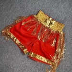 Red & Gold Sequins Fringe Muay Thai Boxing Shorts for Performance/Competition, Stage Costume, Satin Kickboxing Trunks with Elastic Waist Red & Gold Sequins Fringe Muay Thai Boxing Shorts for Performance/Competition, Stage Costume, Satin Kickboxing Trunks with Elastic Waist