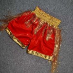 Red & Gold Sequins Fringe Muay Thai Boxing Shorts for Performance/Competition, Stage Costume, Satin Kickboxing Trunks with Elastic Waist Red & Gold Sequins Fringe Muay Thai Boxing Shorts for Performance/Competition, Stage Costume, Satin Kickboxing Trunks with Elastic Waist