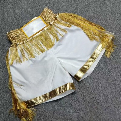 Muay Thai Boxing Shorts White Gold Fringe Satin Kickboxing Fight Trunks MMA Martial Arts Gear