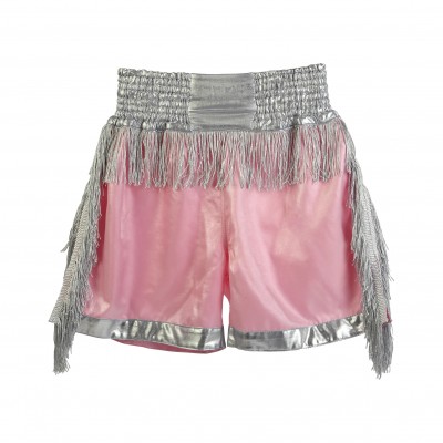 Custom Pink Boxing Trunks with Silver Fringe Kickboxing/Muay Thai Fight Gear for Fighters