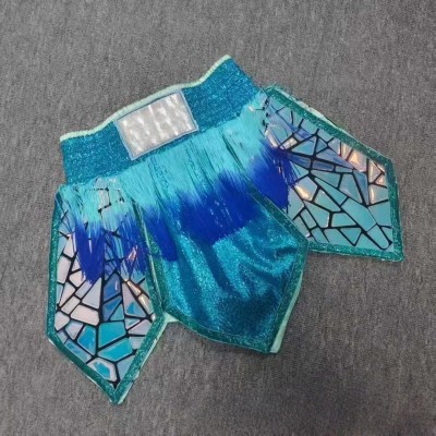 Blue Iridescent Mosaic Muay Thai Shorts Customization Fringe Kickboxing MMA Martial Arts Fight Gear Trunks