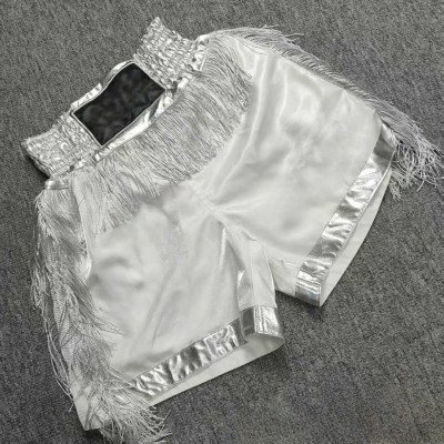 Silver Fringe White Satin Boxing Shorts Muay Thai Kickboxing MMA Fight Trunks