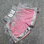 Pink Leopard Print Boxing Trunks with Silver Fringe - Unisex Fight Wear Satin Shorts Pink Leopard Print Boxing Trunks with Silver Fringe - Unisex Fight Wear Satin Shorts