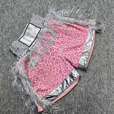 Pink Leopard Print Boxing Trunks with Silver Fringe - Unisex Fight Wear Satin Shorts