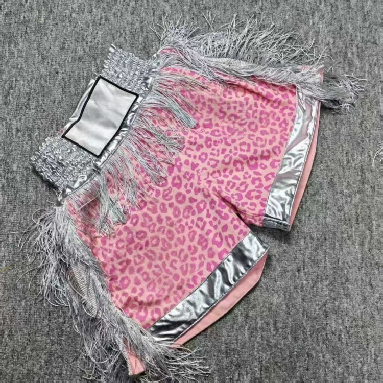 Pink Leopard Print Boxing Trunks with Silver Fringe - Unisex Fight Wear Satin Shorts Pink Leopard Print Boxing Trunks with Silver Fringe - Unisex Fight Wear Satin Shorts