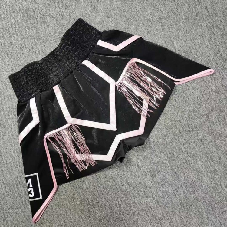 Black & Pink Fringe Boxing Trunks - Geometric Pattern Fight Shorts for MMA/Boxing
