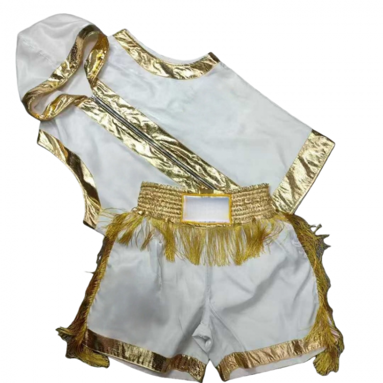 White & Gold Fringe Boxing Fight Entrance Robe & Trunks Set - Shiny Metallic Trim Uniform White & Gold Fringe Boxing Fight Entrance Robe & Trunks Set - Shiny Metallic Trim Uniform