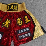 Customizable Red & Gold Sequin Boxing Trunks - Personalized Text/Logo Fight Shorts for Boxers Customizable Red & Gold Sequin Boxing Trunks - Personalized Text/Logo Fight Shorts for Boxers