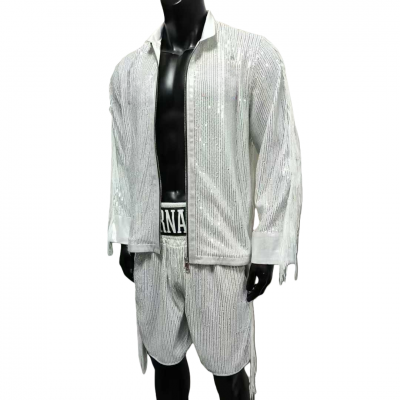 Customizable White Sequin Boxing Fight Robe & Trunks Set - Fringe Accent Shiny Entrance Uniform