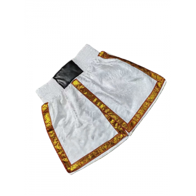 White & Gold Trim Boxing Trunks - Satin Fight Shorts for MMA Boxing