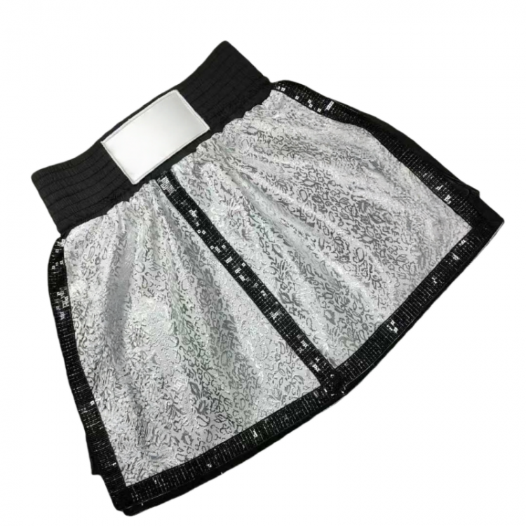 Customizable Silver Pattern Sequin Boxing Trunks - Black Trim Shiny Fight Shorts for Boxers Customizable Silver Pattern Sequin Boxing Trunks - Black Trim Shiny Fight Shorts for Boxers