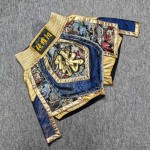 Dragon Embroidery Muay Thai Shorts | Blue & Gold Holographic Fight Trunks with Fur Accent Dragon Embroidery Muay Thai Shorts | Blue & Gold Holographic Fight Trunks with Fur Accent