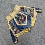 Dragon Embroidery Muay Thai Shorts | Blue & Gold Holographic Fight Trunks with Fur Accent Dragon Embroidery Muay Thai Shorts | Blue & Gold Holographic Fight Trunks with Fur Accent