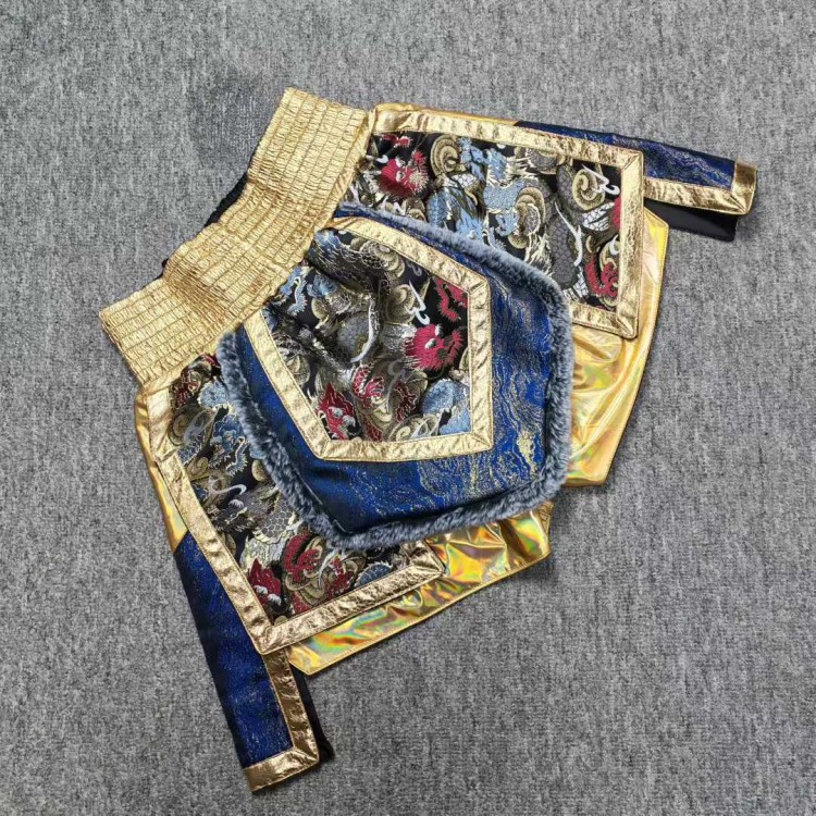 Dragon Embroidery Muay Thai Shorts | Blue & Gold Holographic Fight Trunks with Fur Accent Dragon Embroidery Muay Thai Shorts | Blue & Gold Holographic Fight Trunks with Fur Accent