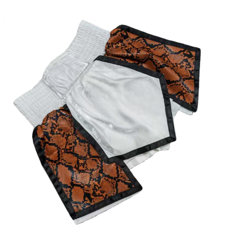 Brown Snake Print Boxing Trunks - White Satin Fight Shorts for MMA/Boxing Brown Snake Print Boxing Trunks - White Satin Fight Shorts for MMA/Boxing