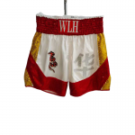 White Red & Gold Sequin Boxing Trunks - Customizable Text/Logo Fight Shorts for MMA/Boxing
