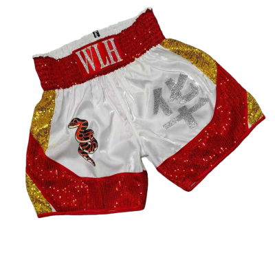 White Red & Gold Sequin Boxing Trunks - Customizable Text/Logo Fight Shorts for MMA/Boxing