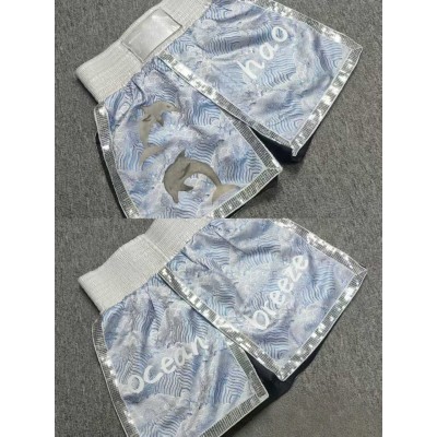 Blue Ocean Dolphin Print Muay Thai Shorts Silver Trim Kickboxing MMA Martial Arts Trunks