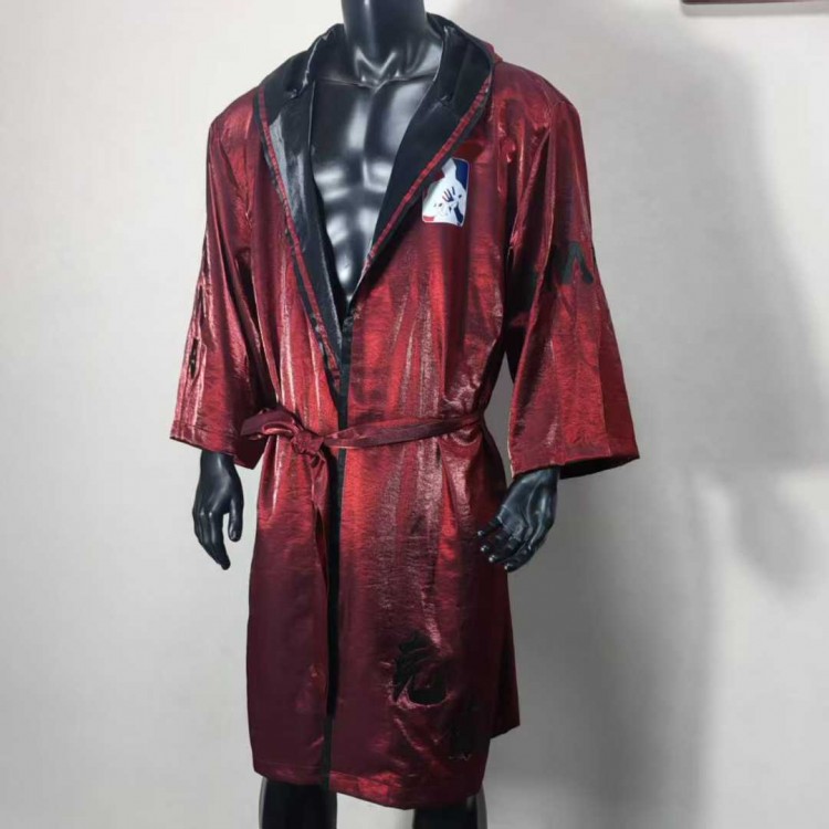 Red Shiny Satin Boxing Robe - Muay Thai/Kickboxing Fight Entrance Robe with Black Trim & Patch for Competition/Training Red Shiny Satin Boxing Robe - Muay Thai/Kickboxing Fight Entrance Robe with Black Trim & Patch for Competition/Training